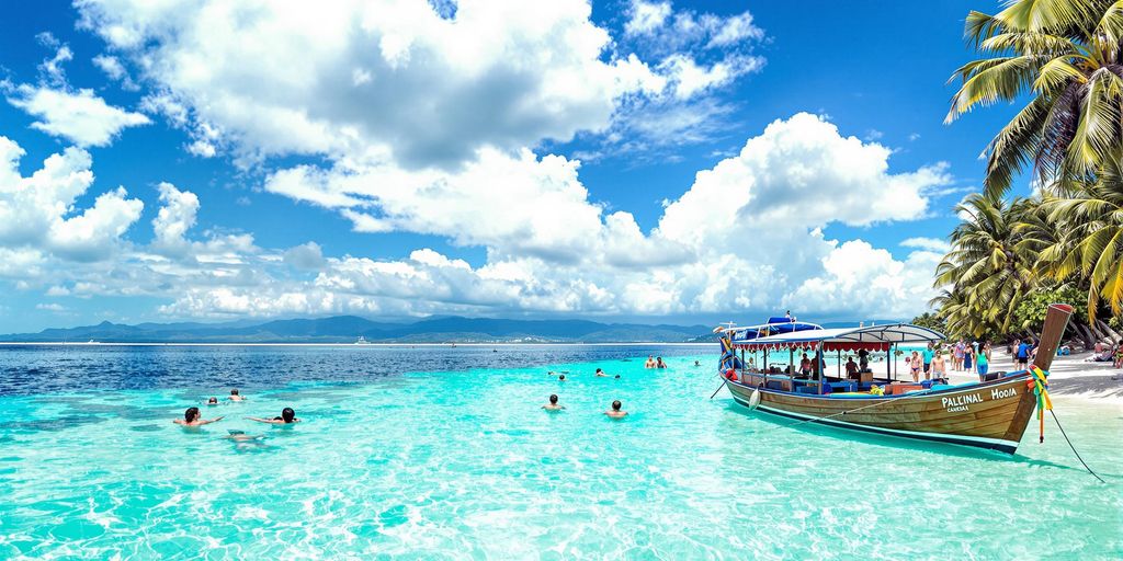 Tropical beach in the Philippines with palm trees and water.