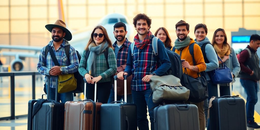 Group of travelers with luggage at an airport terminal.