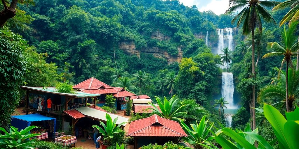 Scenic view of Latin American jungle and waterfalls.