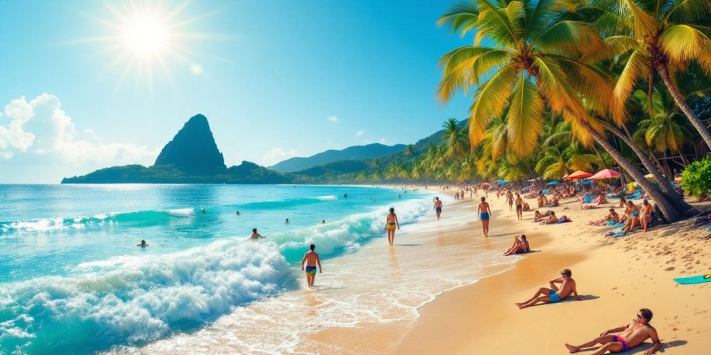 Vibrant beach scene in Brazil with tourists enjoying sun.