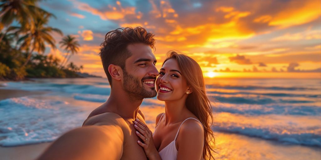 Couple enjoying a sunset on a beach in the Philippines.