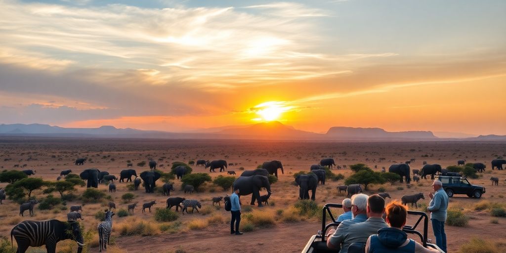 A vibrant African landscape with wildlife and tourists.