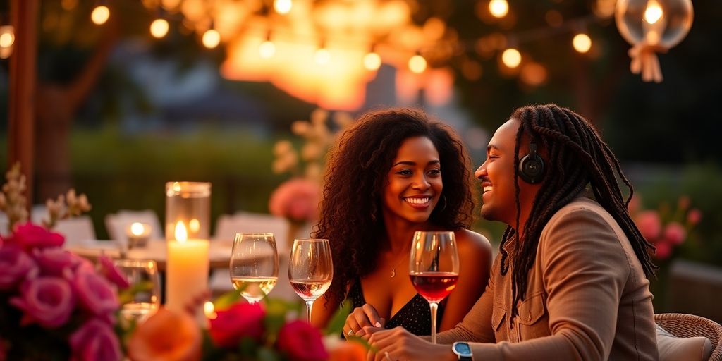 Couple dining outdoors at sunset, enjoying a romantic moment.