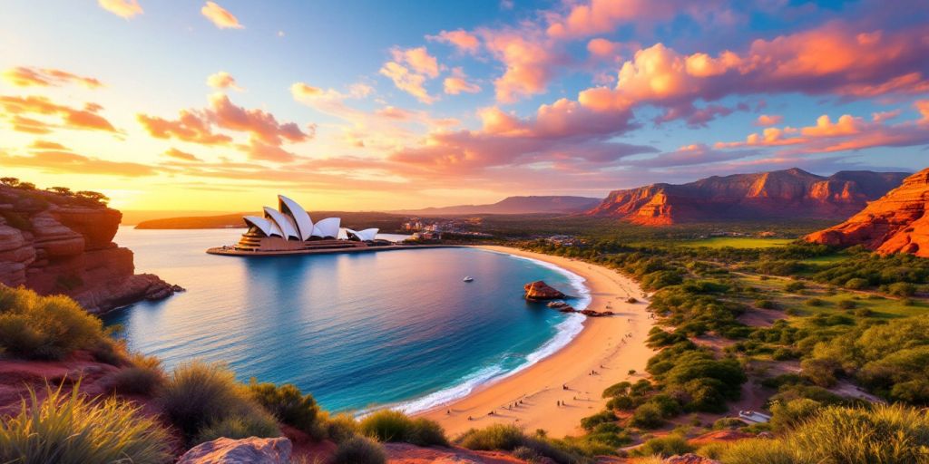 Sydney Opera House with stunning Australian landscape background.