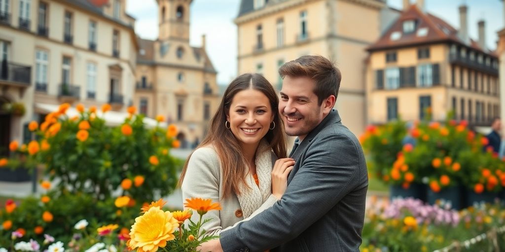 Couple in a romantic European setting, smiling together.