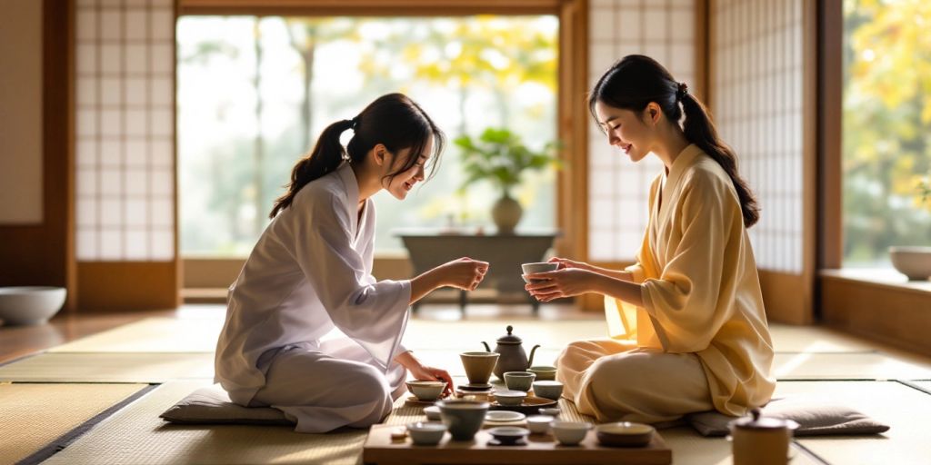 Couple sharing a traditional Japanese tea ceremony.