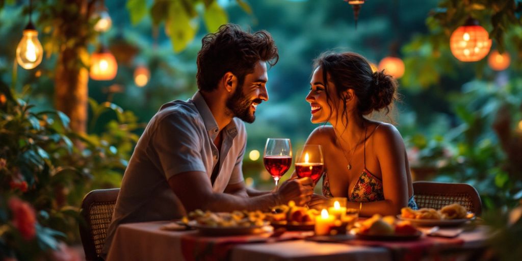 Couple dining romantically in a South American setting.