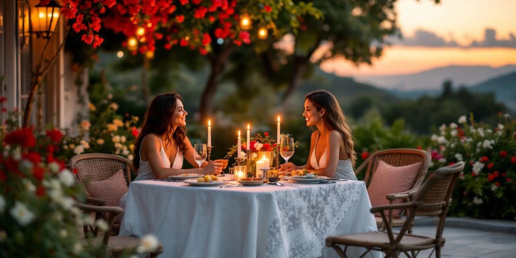 Couple having a romantic dinner at sunset.