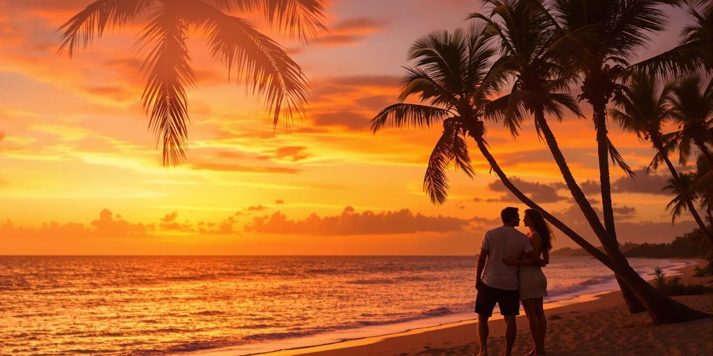 Couple on a beach at sunset, surrounded by palm trees.