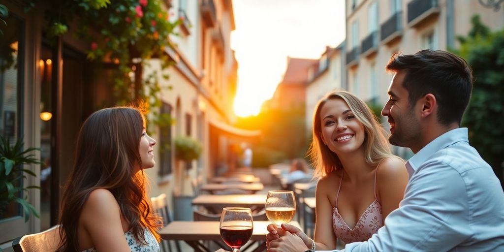 Couple at a café during sunset in Europe.