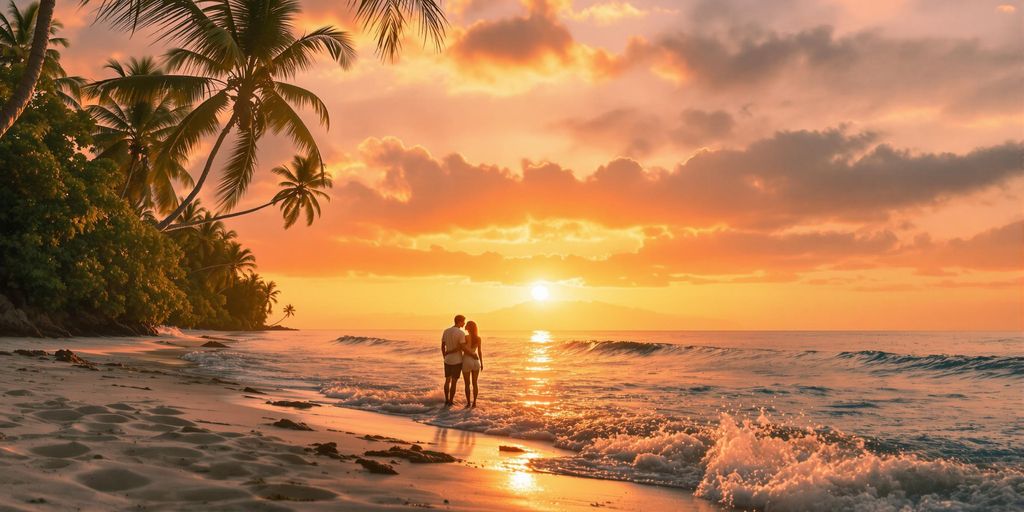 Couple on a beach at sunset in Thailand.