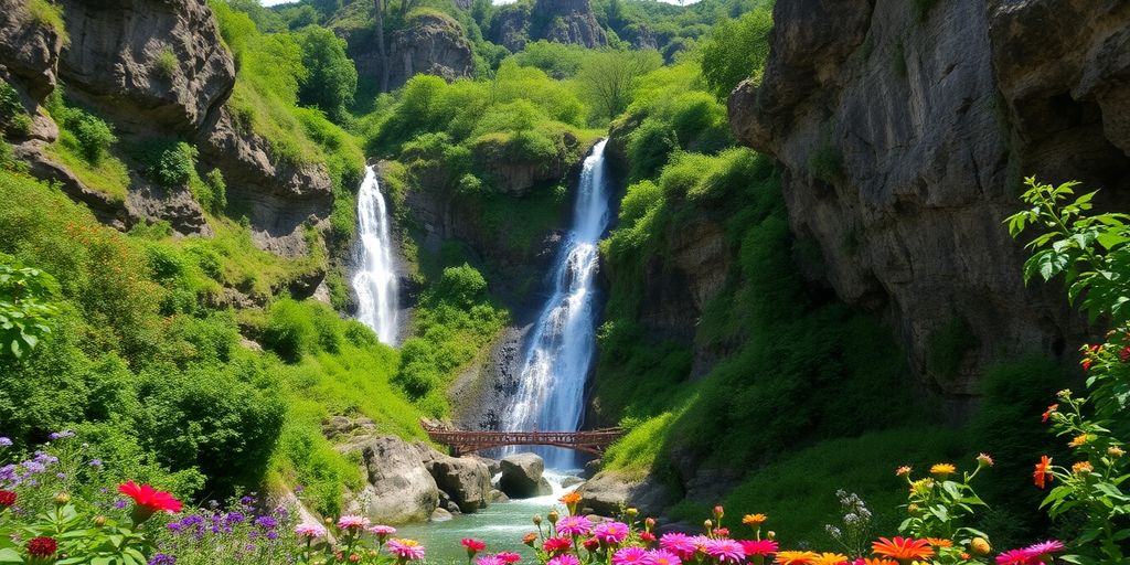 A hidden waterfall in lush green surroundings.