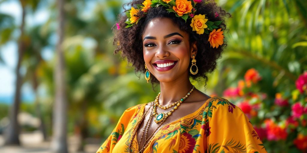 Smiling Brazilian woman in colorful attire amidst tropical scenery.