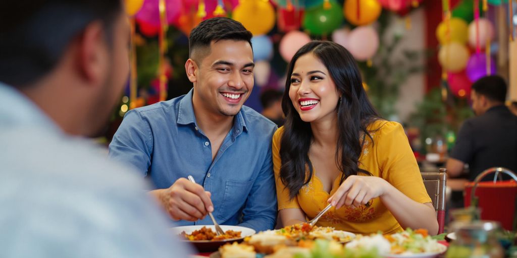 Couple enjoying Filipino cuisine at a festive gathering.