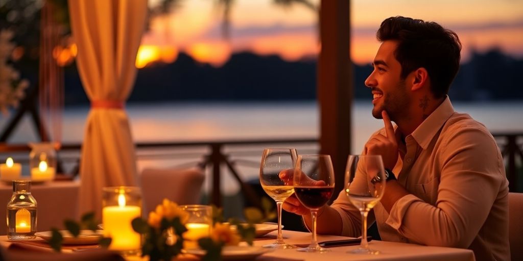 Couple dining at sunset, enjoying a romantic moment.