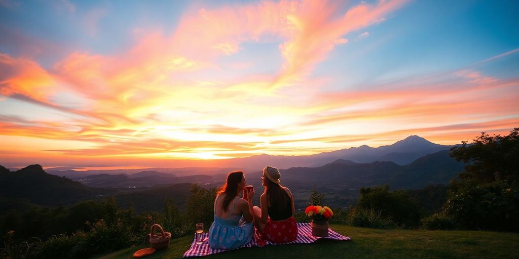 Couple enjoying a sunset picnic in South America.