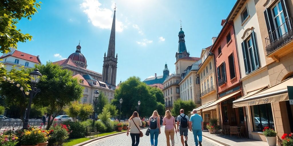 Travelers exploring a sunny European street with landmarks.