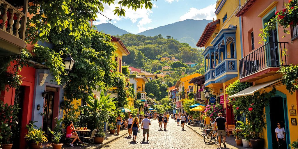 Colorful Brazilian street scene with people and greenery.