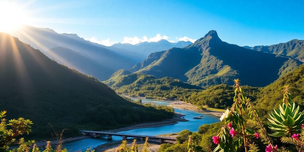 Lush South American landscape with mountains and river.