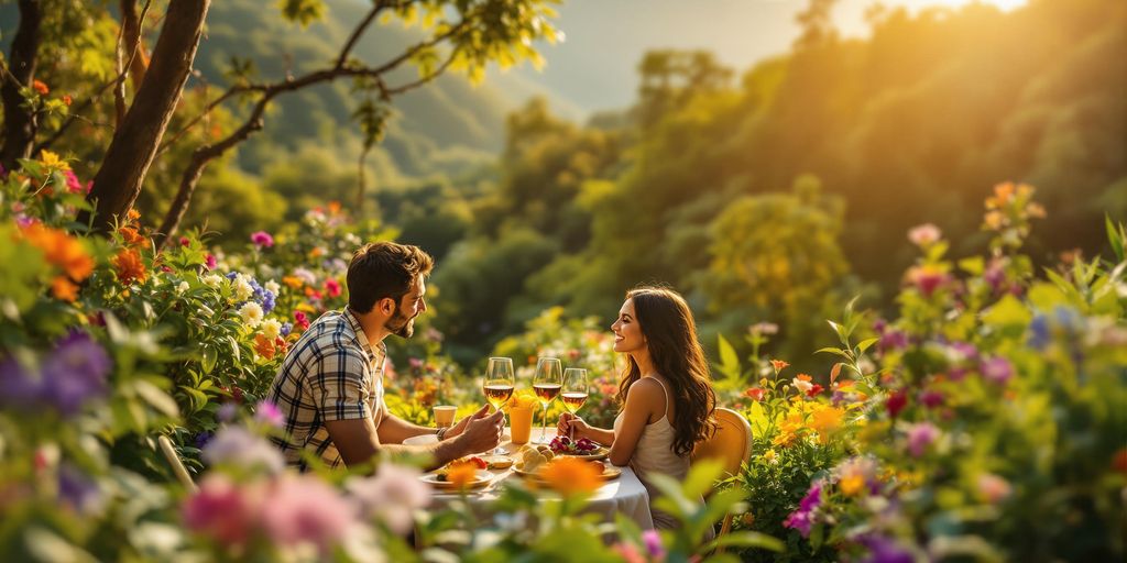 Couple on a romantic date in a lush setting.