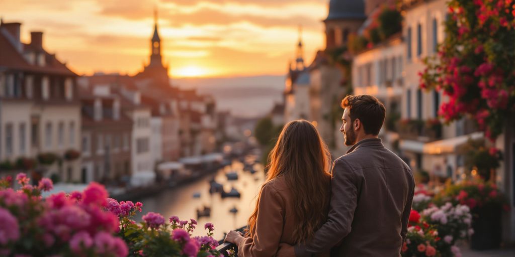 Couple enjoying a romantic sunset in a European city.