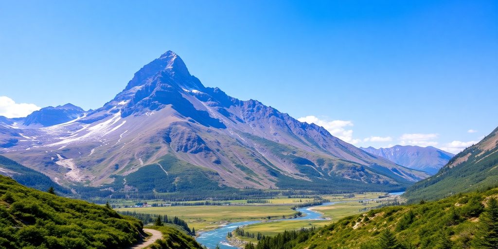 Hikers exploring a scenic mountain landscape with river.