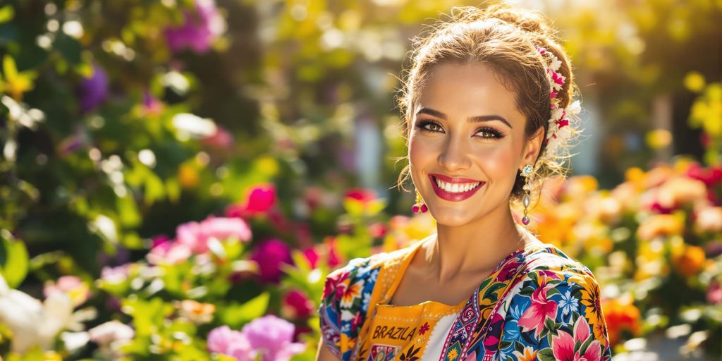 Smiling Brazilian woman in traditional attire outdoors.