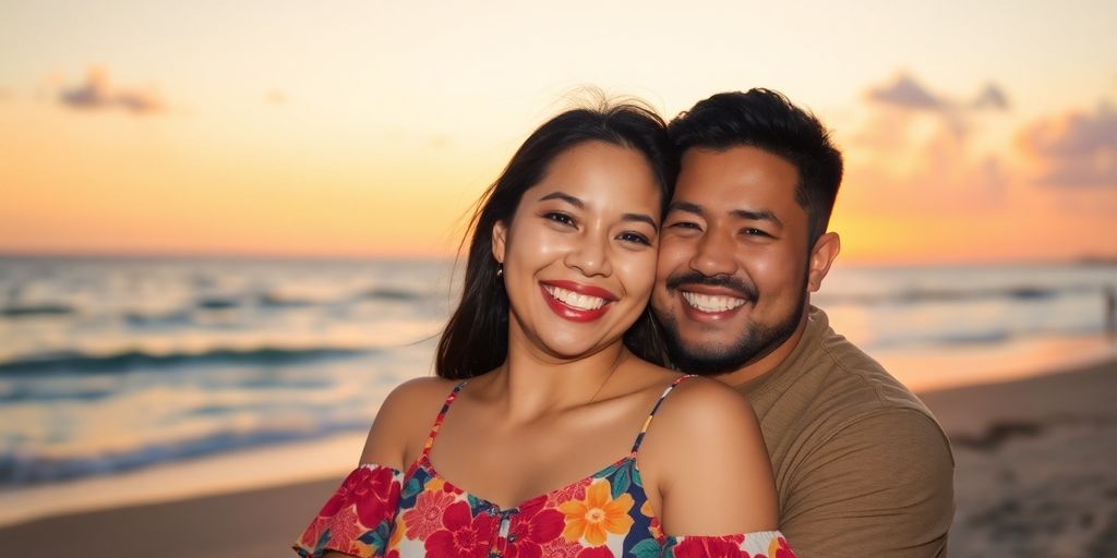 Couple enjoying a romantic sunset at the beach.