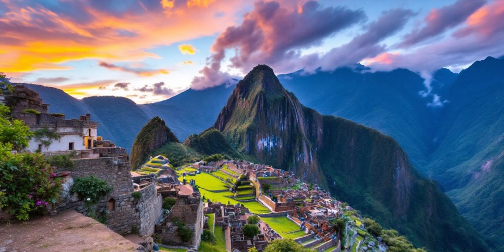 Lush Peruvian landscape with mountains and ancient ruins.