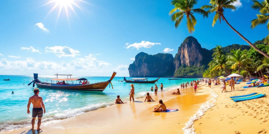 Scenic beach in Thailand with palm trees and clear waters.