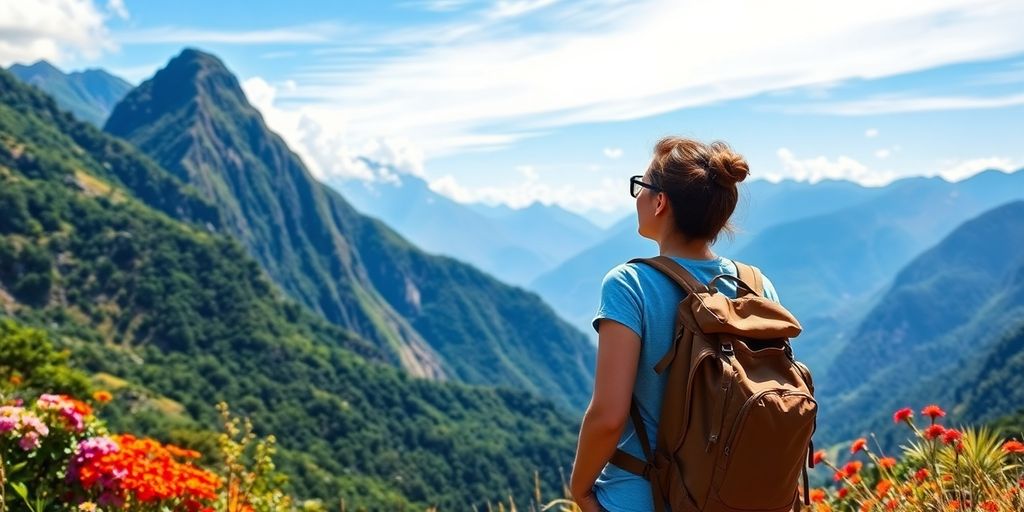 Traveler exploring lush South American landscape with mountains.