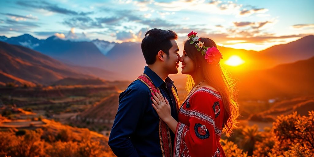 Couple in traditional attire against a sunset backdrop in Peru.