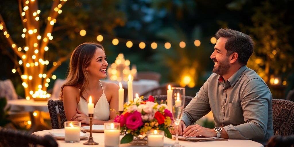 Couple dining romantically under fairy lights in a garden.