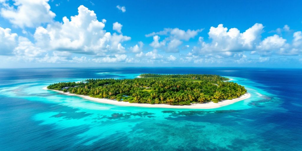 Aerial view of a tropical island with clear waters.