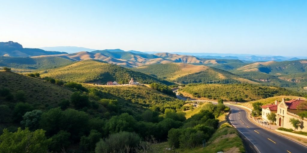 Scenic American landscape with hills and winding road.