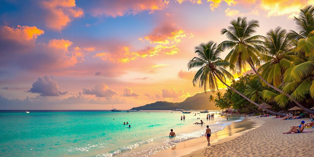 Tropical beach in Thailand with palm trees and sunset.