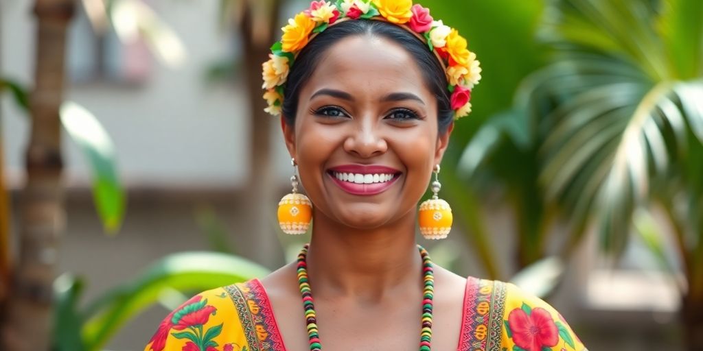 Smiling Brazilian woman in traditional attire, tropical background.