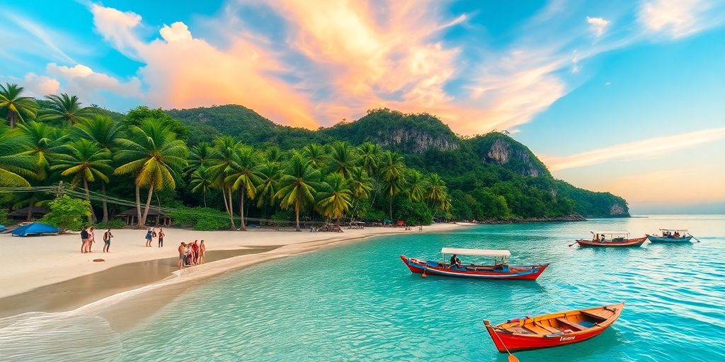 Group of travelers at a beautiful Philippine beach.