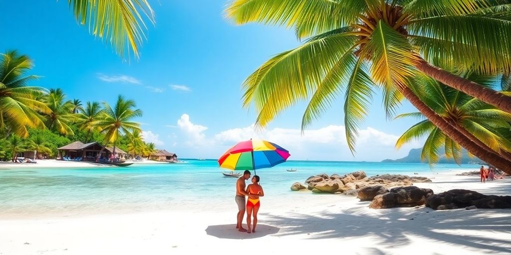 Tropical beach in the Philippines with palm trees and clear water.