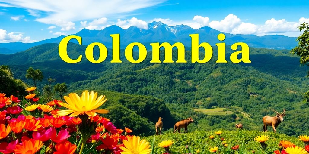 Lush Colombian landscape with colorful flowers and mountains.