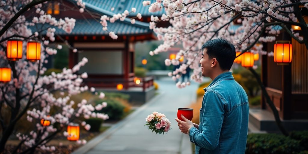 Couple in a Japanese garden with cherry blossoms.