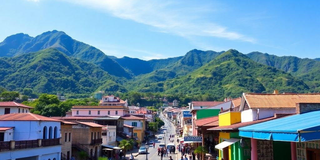 Vibrant Colombian landscape with mountains and colorful streets.