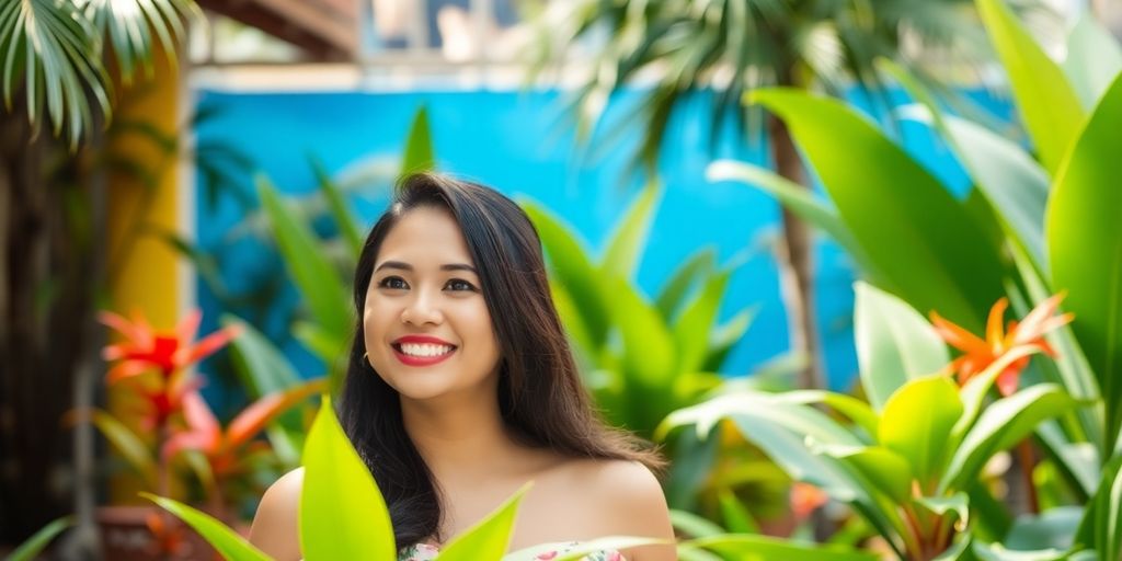 Filipina woman smiling in a tropical setting.