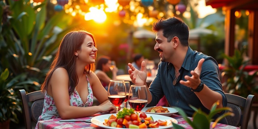 Couple dining romantically outdoors in South America.