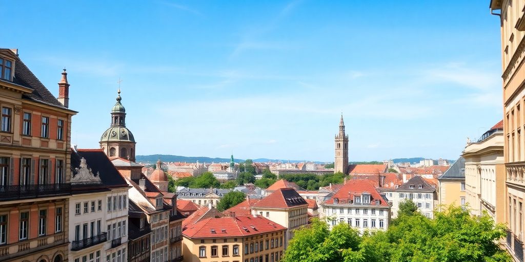 Scenic view of European landmarks and vibrant city life.