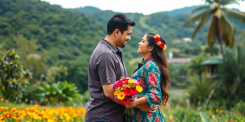 Couple in love in a beautiful Colombian landscape.