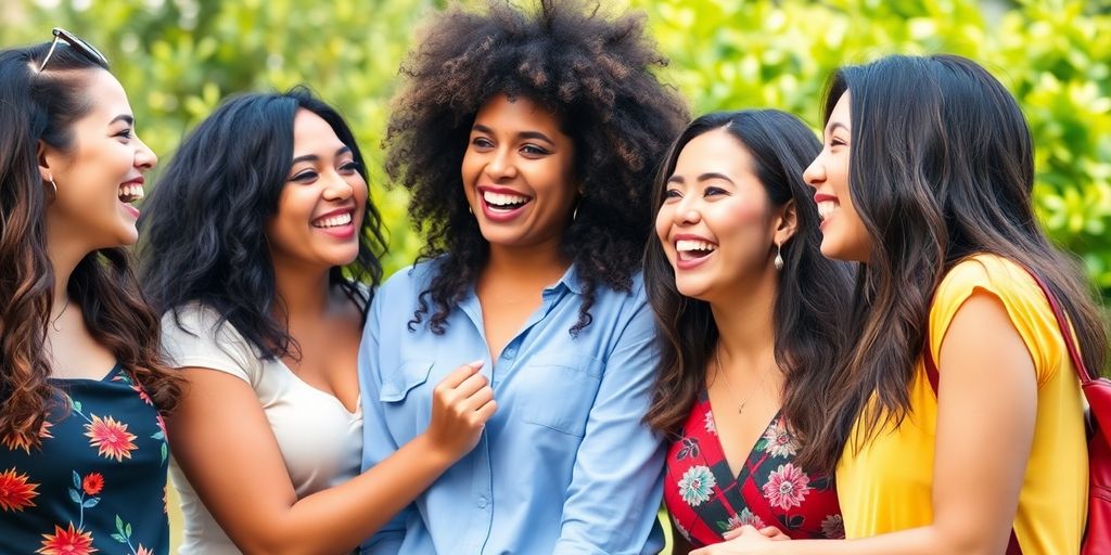 Group of joyful Latinas laughing together outdoors.