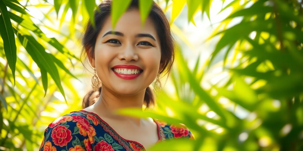 Smiling Filipina woman in traditional dress amid tropical greenery.