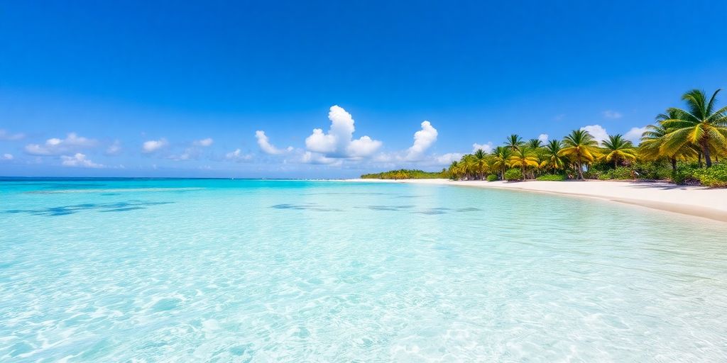 Caribbean beach with turquoise waters and palm trees.