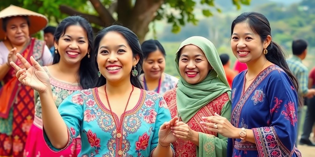 Filipina and Indonesian women in traditional attire enjoying culture.